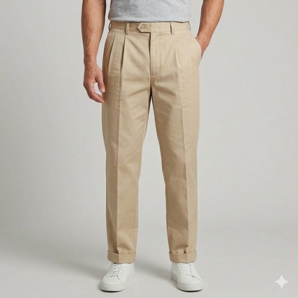 John W. Nordstrom Pleated Cuffed Cotton Chino Pants 40x30 Khaki Beige